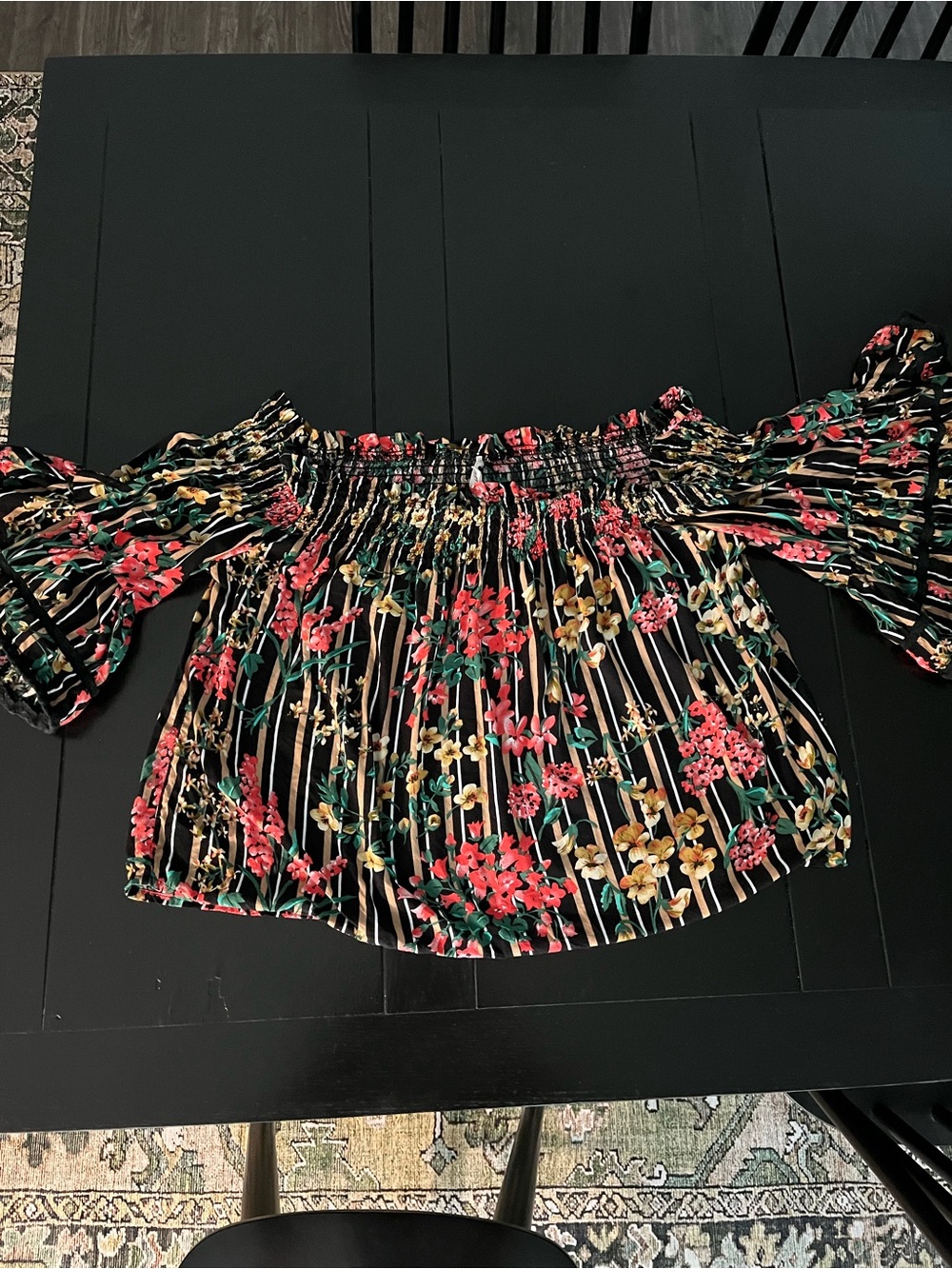Off-Shoulder Floral Stripe Top in Black with Red & Gold Flowers